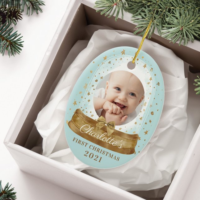First Christmas Blue Baby Photo & Name Snow Globe Ceramic Ornament (First Christmas Blue Baby Photo & Name Snow Globe Ceramic Ornament)