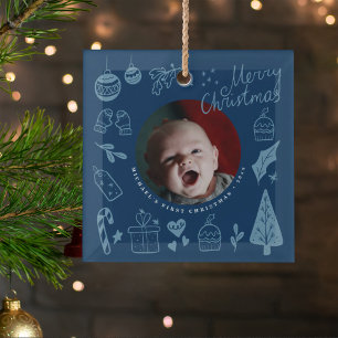 First Christmas Blue Cute Hand Drawn Doodles Glass Tree Decoration