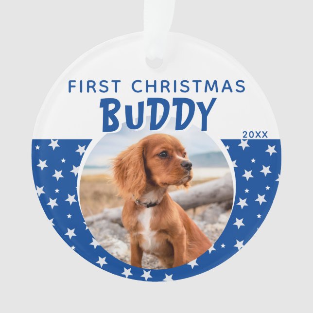 First Christmas Blue Star Pattern Puppy Dog Photo Ornament (Front)