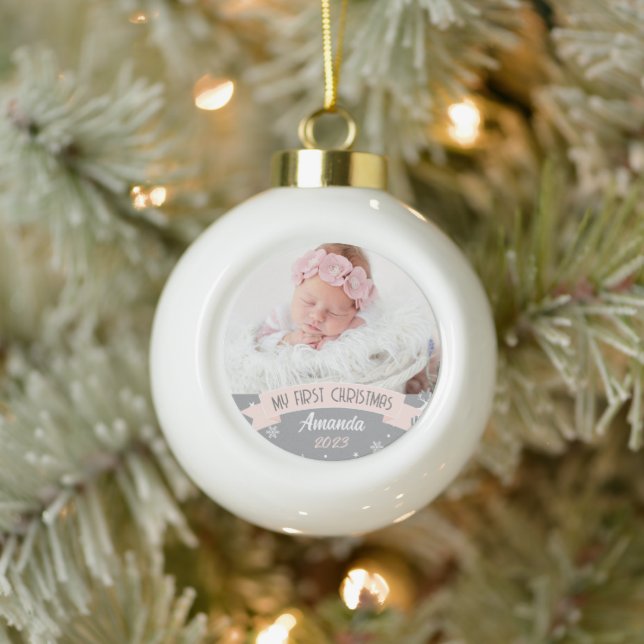 First Christmas Blush Pink Baby Girl Photo  Ceramic Ball Christmas Ornament (Tree)
