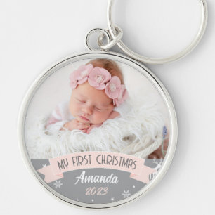 First Christmas Blush Pink Baby Girl Photo Key Ring