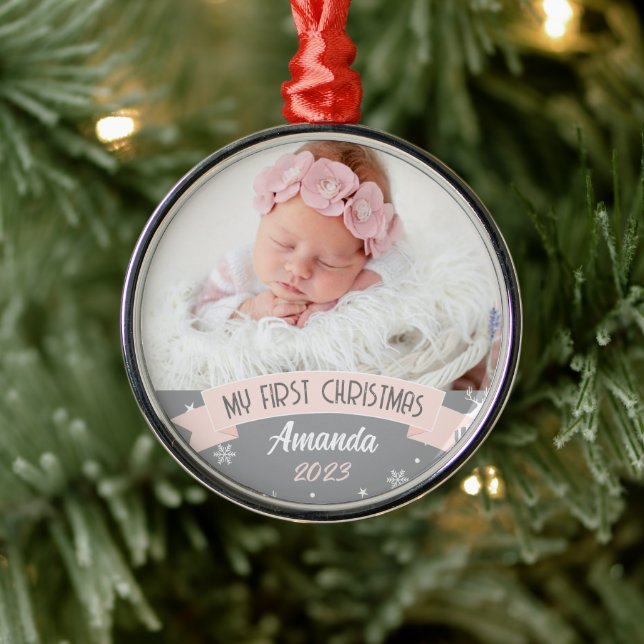 First Christmas Blush Pink Baby Girl Photo  Metal Ornament (Tree)
