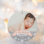 First Christmas Blush Pink Baby Girl Photo Ornament<br><div class="desc">"My First Christmas" banner and snowflake border photo ornament design can be personalized with the baby girl's name and birth year. Includes a second photo on the back. Light blush pink,  gray and white colors.</div>