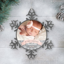 First Christmas Blush Pink Baby Girl Photo Snowflake Pewter Christmas Ornament