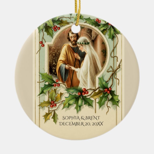 First Christmas Bride Groom Virgin Mary Catholic Ceramic Ornament (Front)