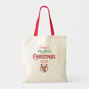 First Christmas BROWN Deer Typography Personalise Tote Bag