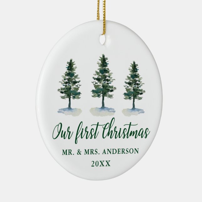 First Christmas Calligraphy Pines PHOTO BACK Ceramic Ornament (Right)