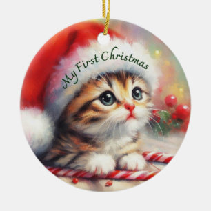 First Christmas Candy Cane Tabby Kitten Ceramic Ornament