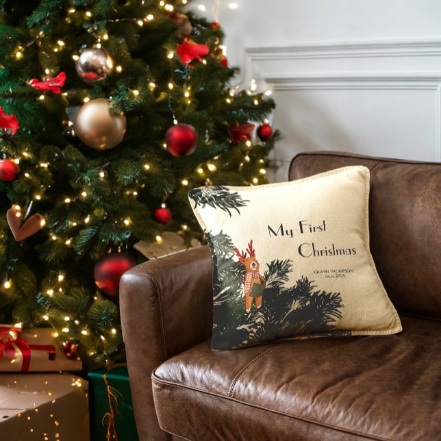 First Christmas – Caroling Reindeer in pine tree Cushion (Creator Uploaded)