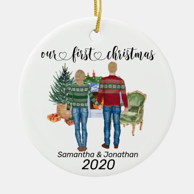 First Christmas Couple Blonde Hair Newlyweds Ceramic Ornament (Front)