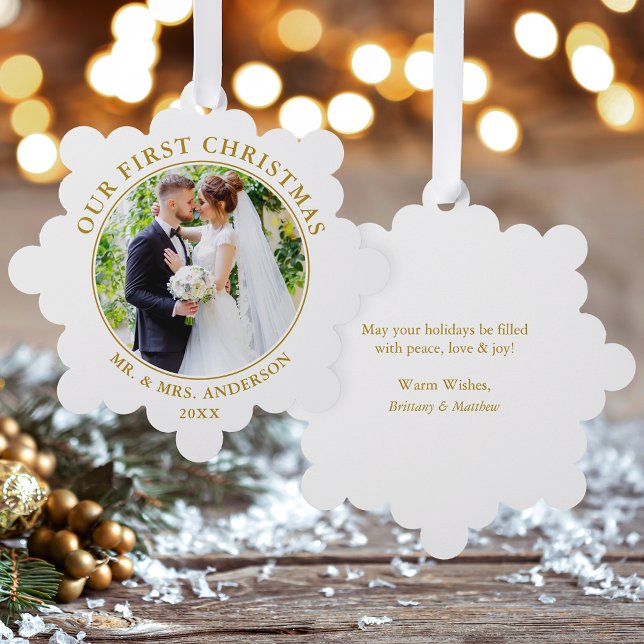 First Christmas Couple Photo Gold Ornament Card (A greeting card that is also an ornament! Customize with your photo and personalized text.)