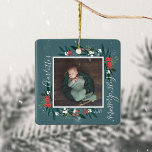 First Christmas Cranberry & Foliage Baby Photo Ceramic Ornament<br><div class="desc">Beautiful and elegant baby's first Christmas keepsake photo and festive cranberry greenery frame ornament. Our design features our beautiful cranberry and foliage arrangement that frames the baby photo. Customise with your baby's name,  year,  and baby's photo. All illustrations are hand-drawn original artwork by Moodthology Papery.</div>