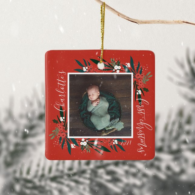  First Christmas Cranberry & Foliage Baby Photo Ceramic Ornament (First Christmas Cranberry & Foliage Baby Photo Ceramic Ornament)