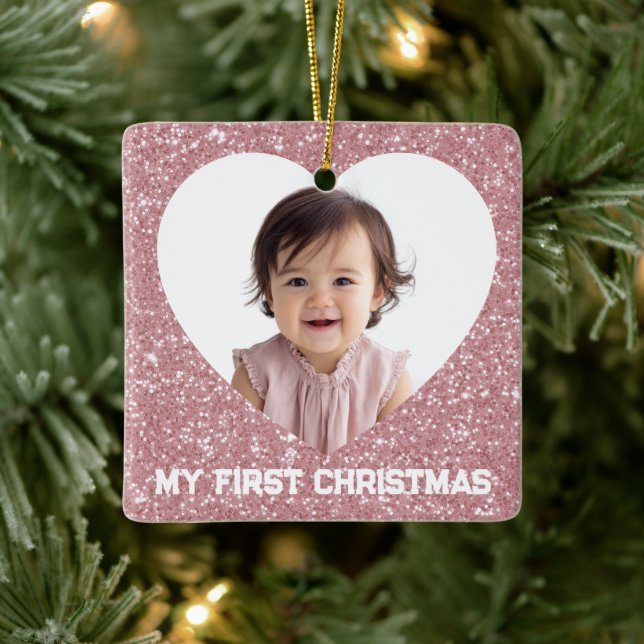 First Christmas Custom Baby Photo Glitter Ornament (Tree)