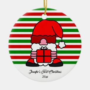 First Christmas Custom Photo and Name Cute Santa Ceramic Ornament