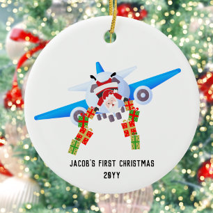 First Christmas,Custom Photo,Funny Santa Aeroplane Ceramic Ornament
