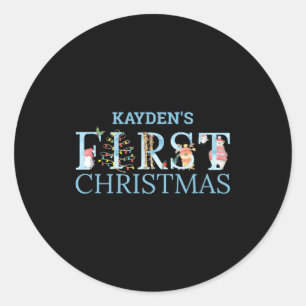 First Christmas Cute Animal Letters Boy Name Baby Classic Round Sticker