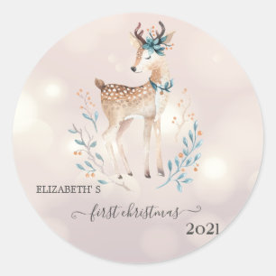 First Christmas,Cute Deer Holiday  Classic Round Sticker