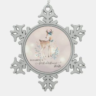 First Christmas,Cute Deer Holiday   Snowflake Pewter Christmas Ornament