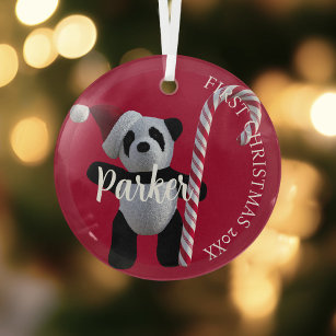 First Christmas Cute Panda Bear Candy Cane Red Glass Tree Decoration