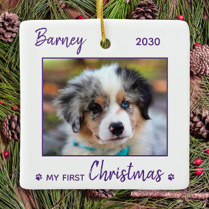 First Christmas Cute Puppy - Purple Dog Pet Photo Ceramic Ornament