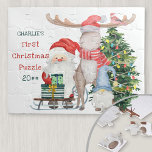 First Christmas Cute Santa & Helpers Personalised Jigsaw Puzzle<br><div class="desc">Personalised puzzle for a little boy or girl's first christmas. The design features Santa Claus and his helpers,  a decorated christmas tree,  a gnome and a sledge with gift wrapped presents. The wording reads "[name's] First Christmas Puzzle [year]" and the template is set up ready for you to customise.</div>