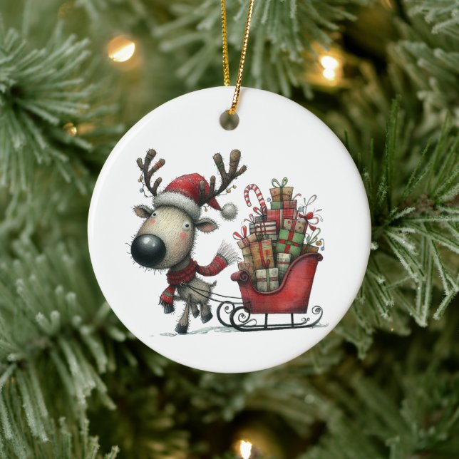 First Christmas Cute Whimsical Reindeer Customised Ceramic Ornament (Tree)