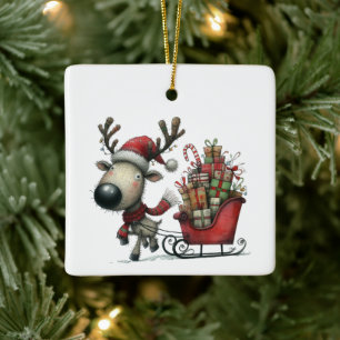 First Christmas Cute Whimsical Reindeer Customised Ceramic Ornament