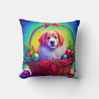 First Christmas Cutest Dog in Holiday Basket Cushion