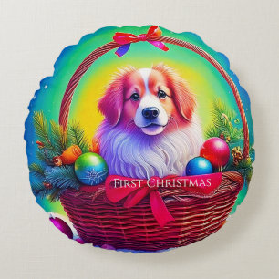 First Christmas Cutest Dog in Holiday Basket Round Cushion