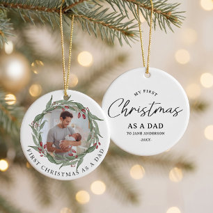 First Christmas Dad Baby Photo Christmas Wreath Ceramic Ornament