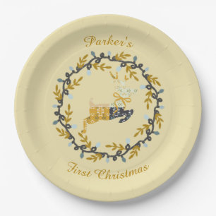 First Christmas Deer with Wreath Soft Yellow  Paper Plate