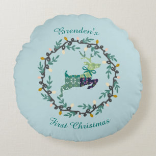 First Christmas Deer with Wreath Teal Customize Round Cushion