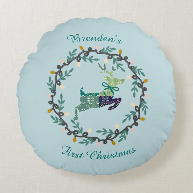 First Christmas Deer with Wreath Teal Customize Round Cushion (Front)