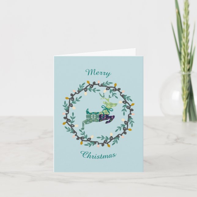 First Christmas Deer with Wreath Teal Folded Card (Front)