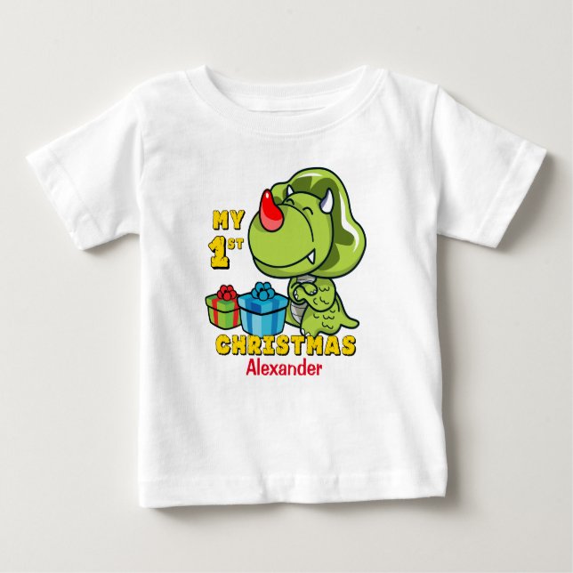 First Christmas Dinosaur Custom Baby T-Shirt (Front)