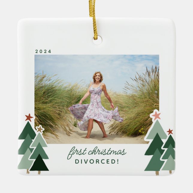First Christmas Divorced Rustic Trees Photo Ceramic Ornament (Front)