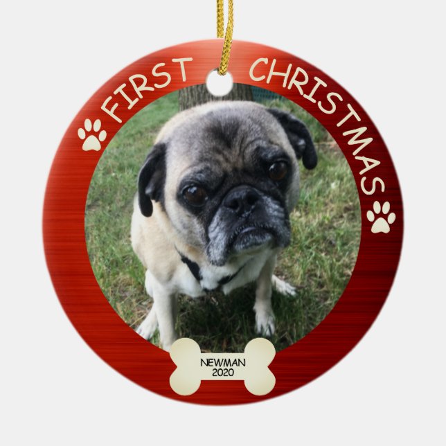 First Christmas Dog Cute Red Ceramic Ornament (Front)