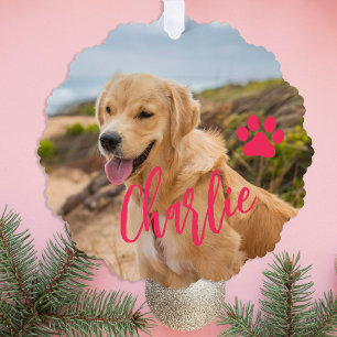 First Christmas dog in forever home photo name Tree Decoration Card