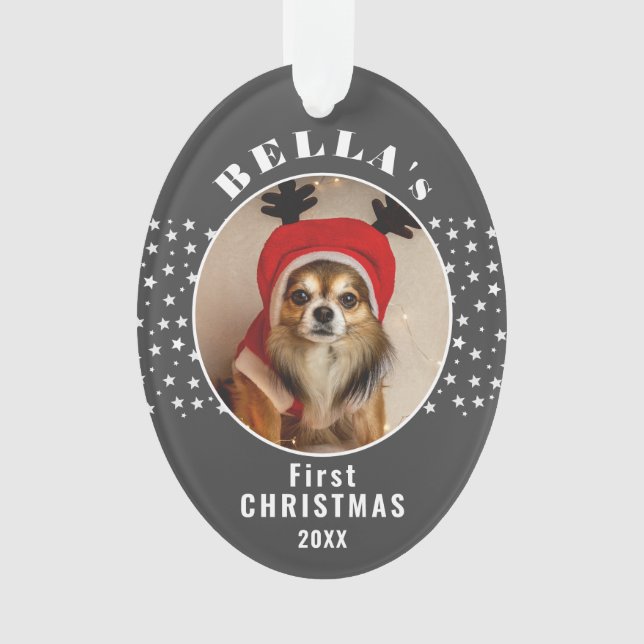 First Christmas Dog Pet Photo Stars Blush Grey Ornament (Front)