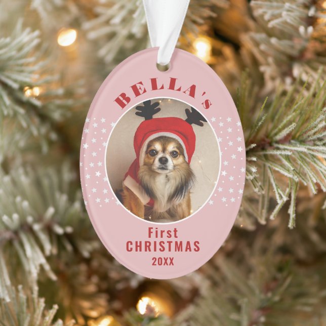 First Christmas Dog Pet Photo Stars Blush Pink  Ornament (Tree)