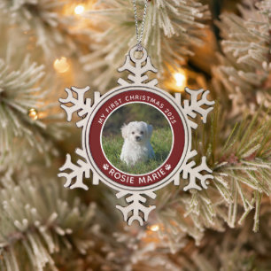 First Christmas Dog Photo Name Paw Prints Custom Snowflake Pewter Christmas Ornament