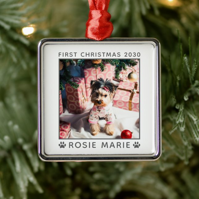 First Christmas Dog Photo Name Year Custom Metal Ornament (Tree)