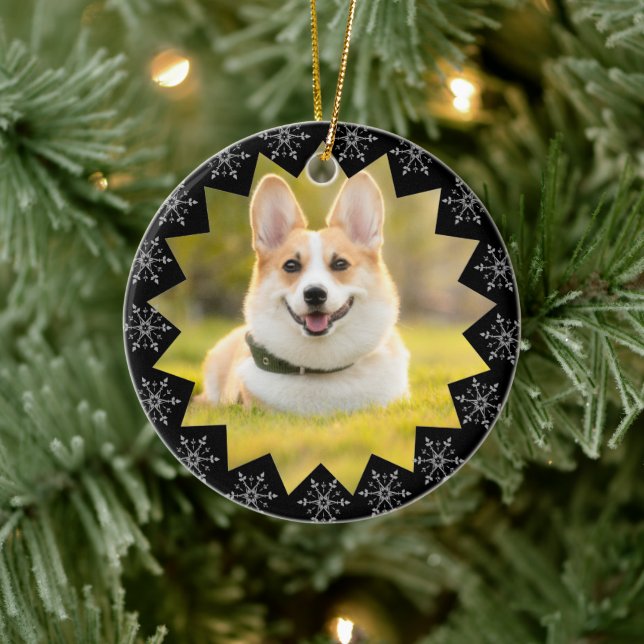 First Christmas Dog Snowflake Frame Photo  Ceramic Ceramic Ornament (Tree)