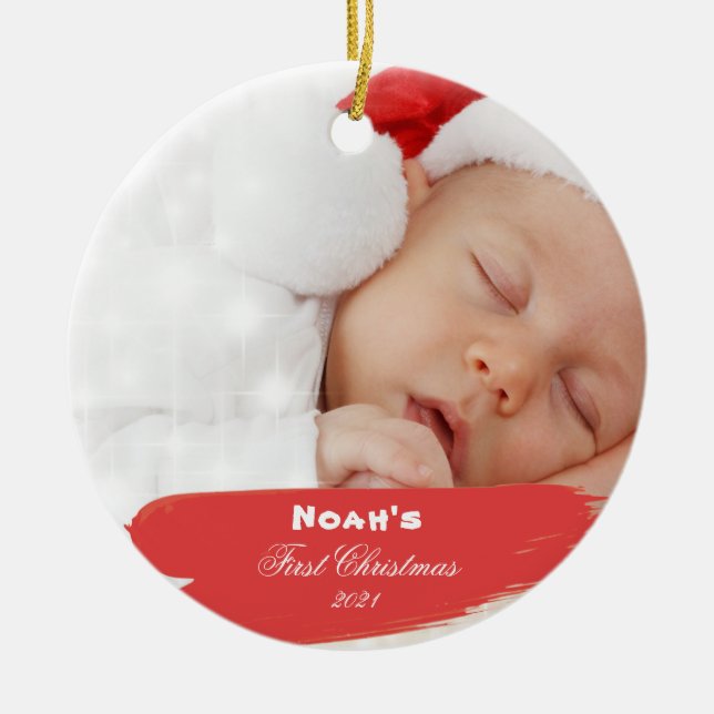 First Christmas Elegant Baby Photo Ceramic Ornamen Ornament (Front)