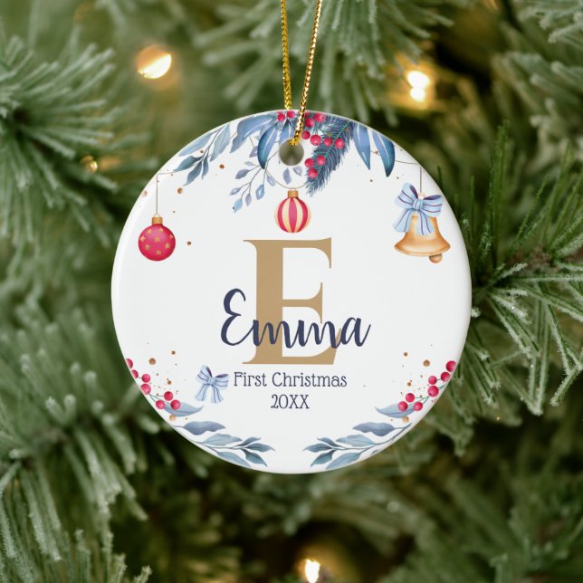 First Christmas elegant chic Custom Monogram Baby Ceramic Ornament (Tree)