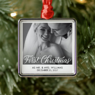First Christmas Elegant Newlywed Photo Metal Ornament