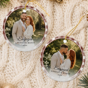 First Christmas Engaged 2 Photo Brown Gingham Ceramic Ornament