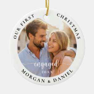 First Christmas Engaged 2 Photo Couple Festive Ceramic Ornament