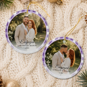 First Christmas Engaged 2 Photo Purple Gingham Ceramic Ornament